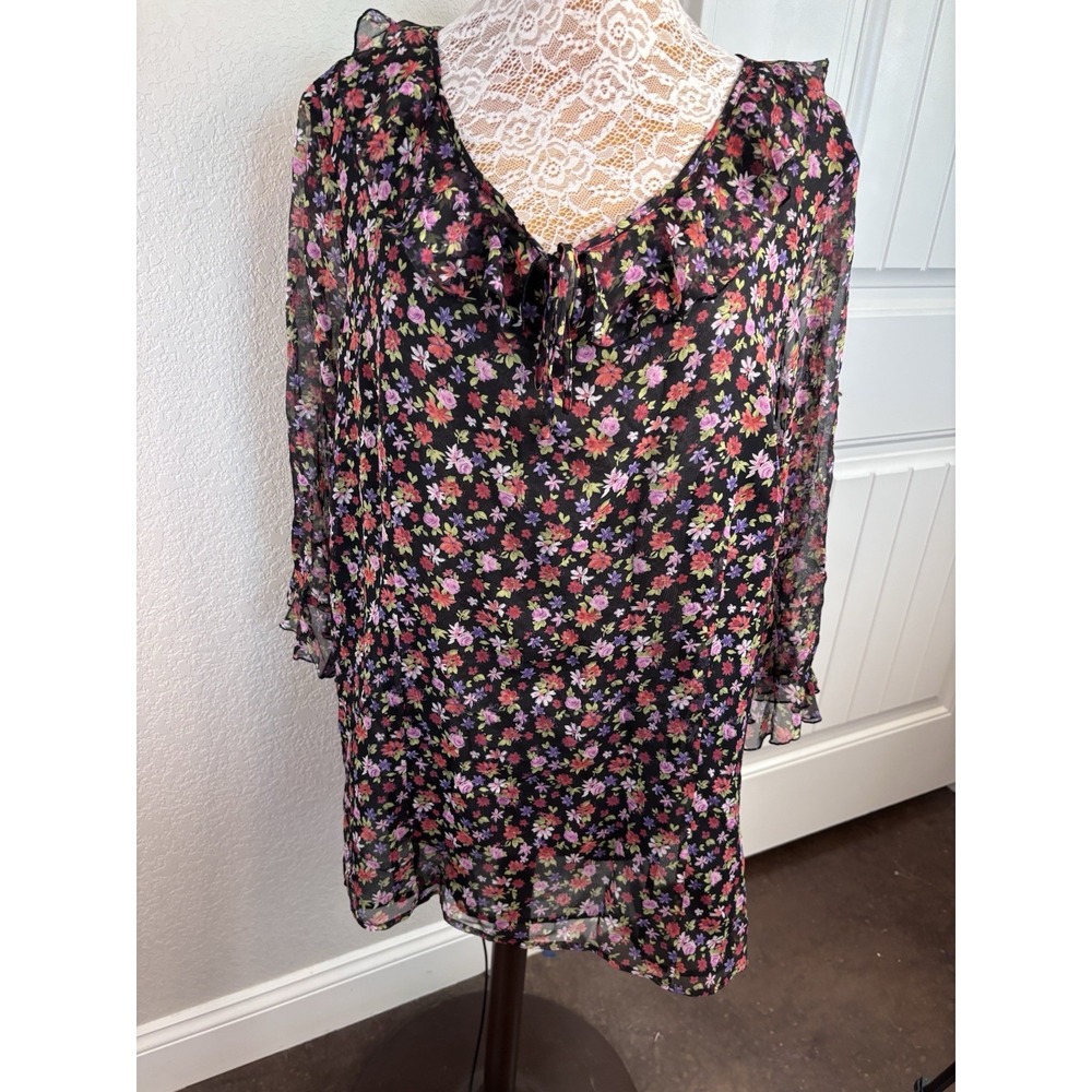 Edward Woman 100% Silk Black Floral Women's Poet Blouse Lined Romantic 1X